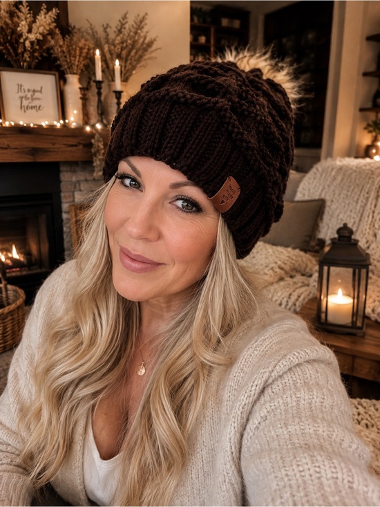 Accessories - Cozy Knit Pom Beanie - Brown -